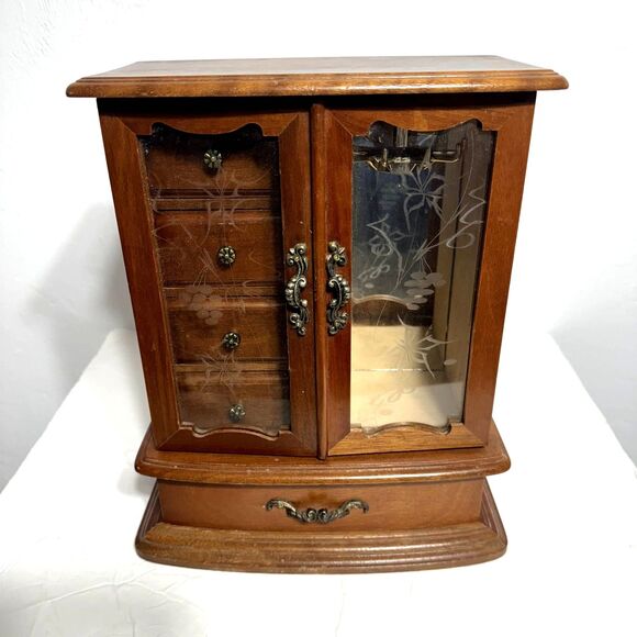 Vintage Jewelry Wood Music Box Etched Floral Glass Doors Mirror 5"x10"x12" - Picture 5 of 8